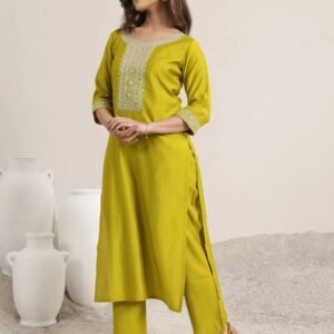 Premium Designer Rayon Slub Kurta Pant Set with Amrai Silk Dupatta